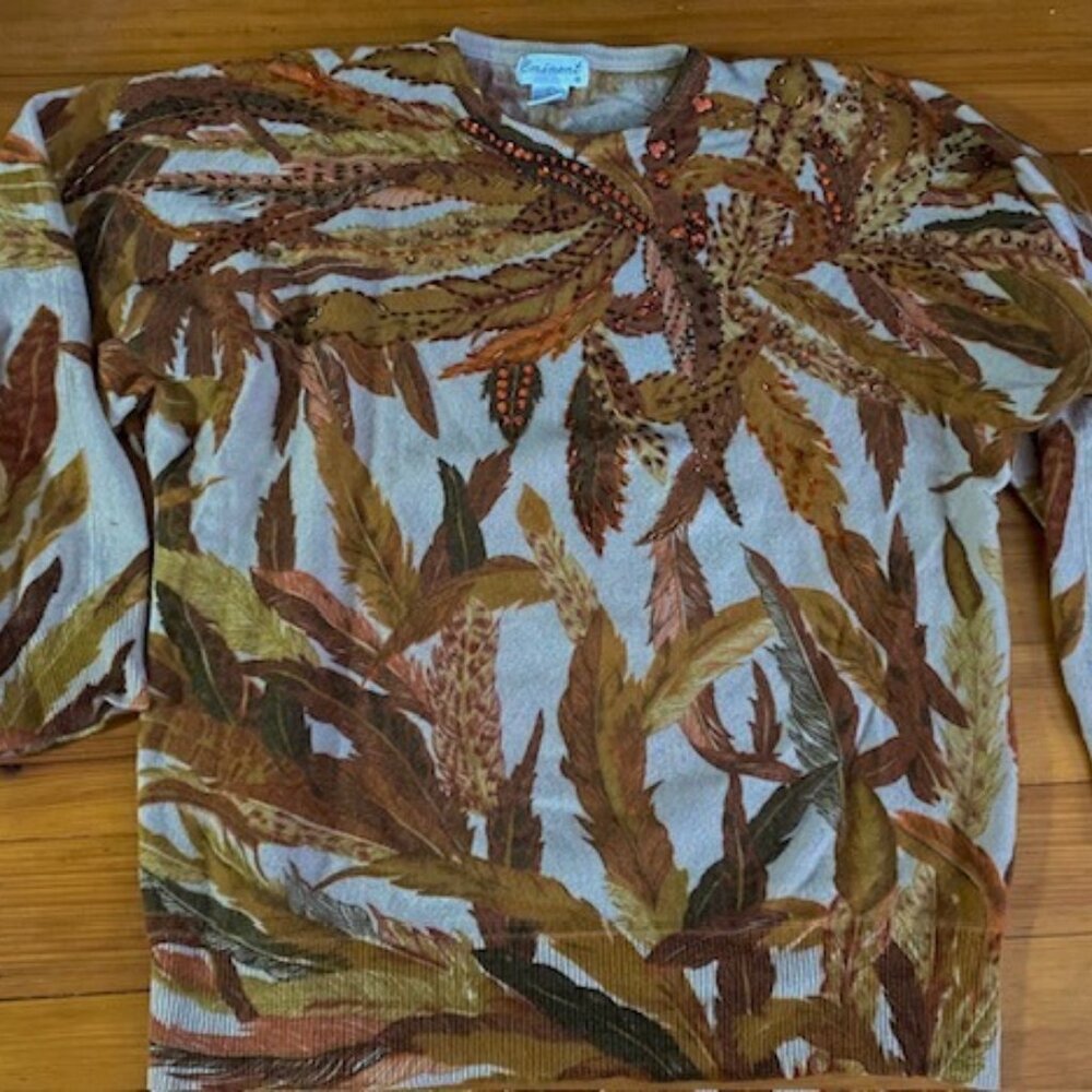 Eminent Lambswool Beaded Feather Printed Sweater Vintage